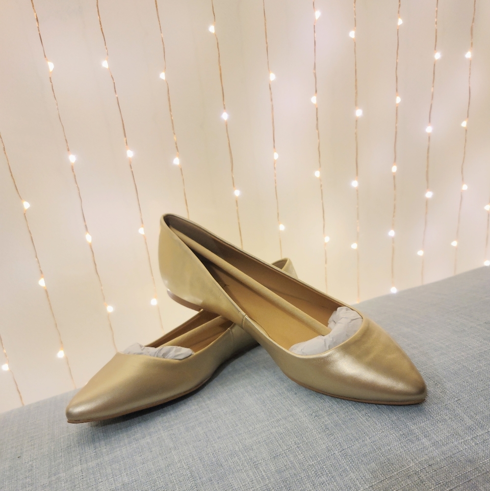 NWT/NIB LOFT Aubrey Pointy Toe Flat 7.5 Matte Gold